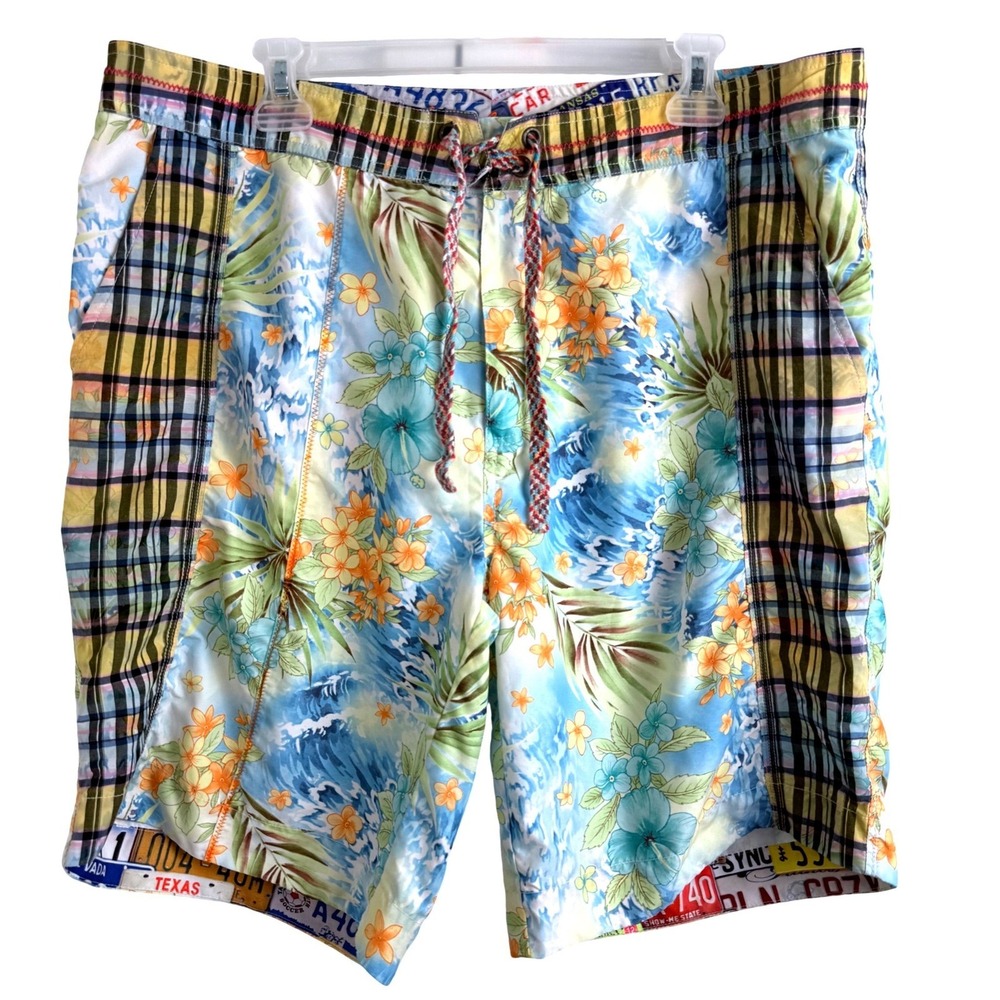 Robert Graham Swim Trunks 38 Patchwork Hawaiian Floral Plaid Surf Beach Shorts